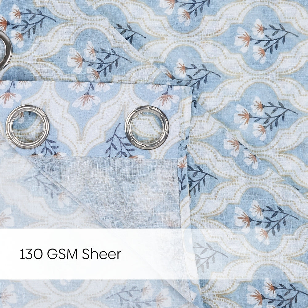 Bloom Lattice Cotton Printed Pack Of 2 Curtain, Blue