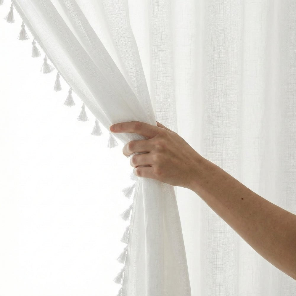 100% Polyester Decorated Solid Sheer Door Curtain, White - Sheer Curtains | haus & kinder