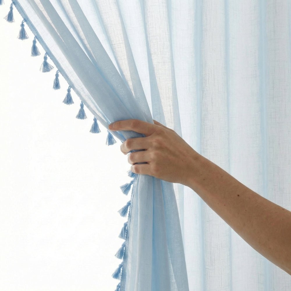 100% Polyester Decorated Solid Sheer Door Curtain, Light Blue - Sheer Curtains | haus & kinder