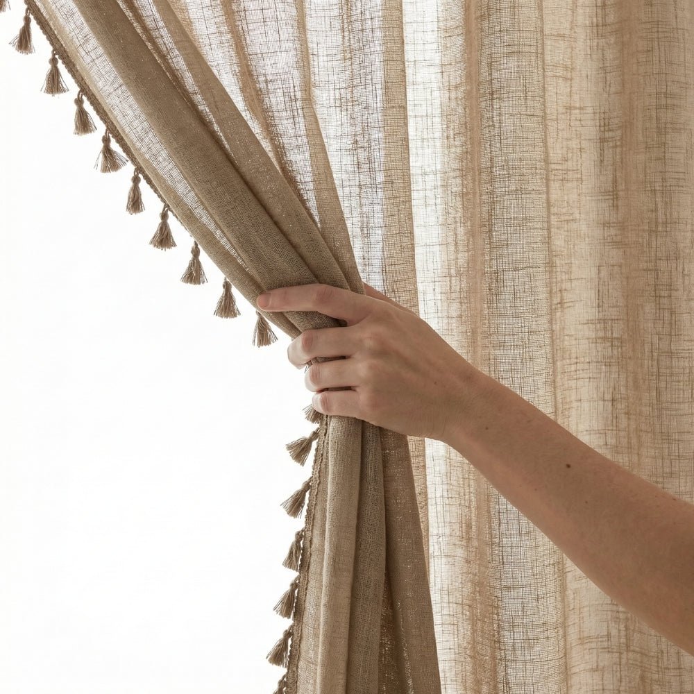 100% Polyester Decorated Solid Sheer Door Curtain, Mocha - Sheer Curtains | haus & kinder