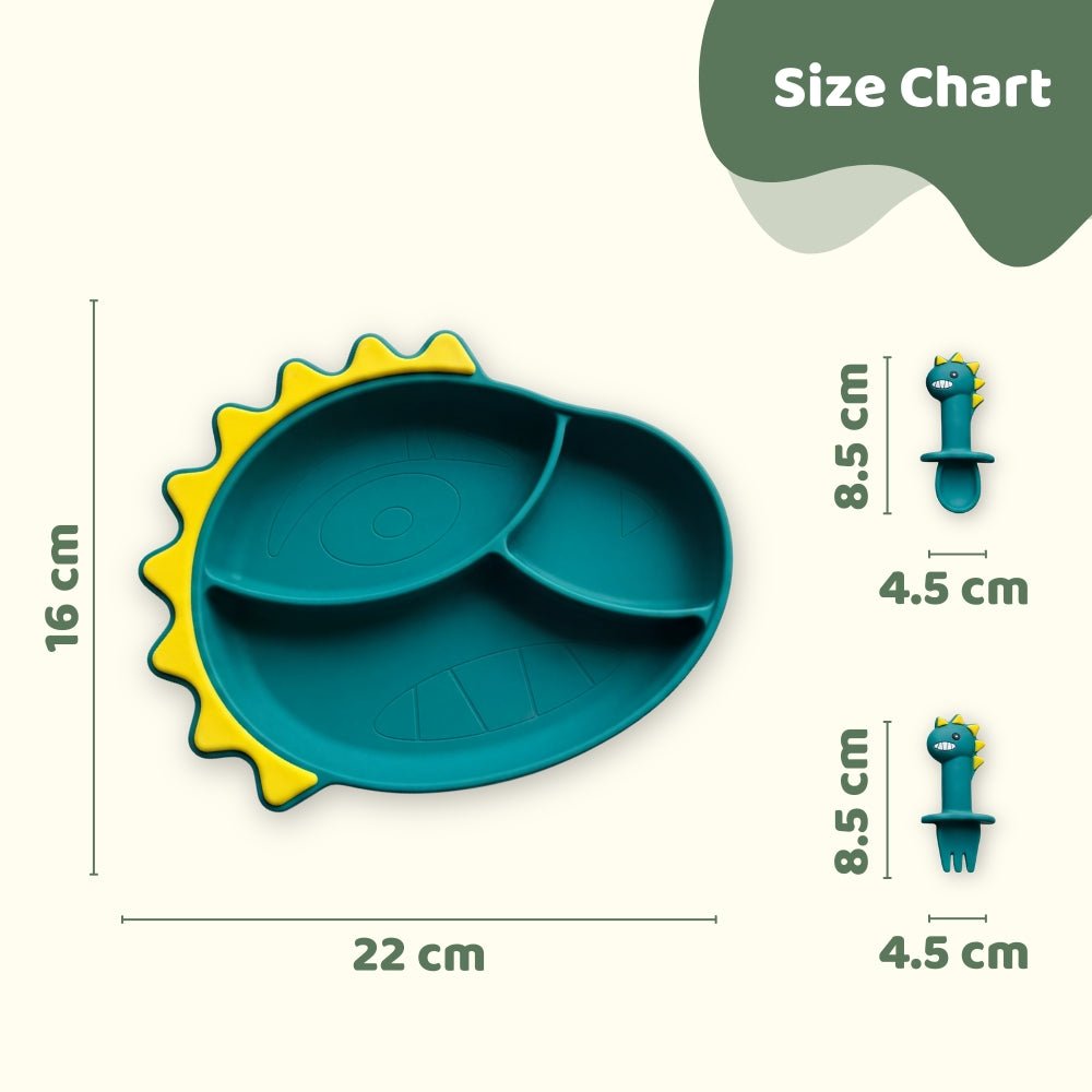 Baby Dino Silicon Suction Feeding Set-Plate With Spoon and Fork, (4Months+) - Baby Feeding set of 3 | haus & kinder
