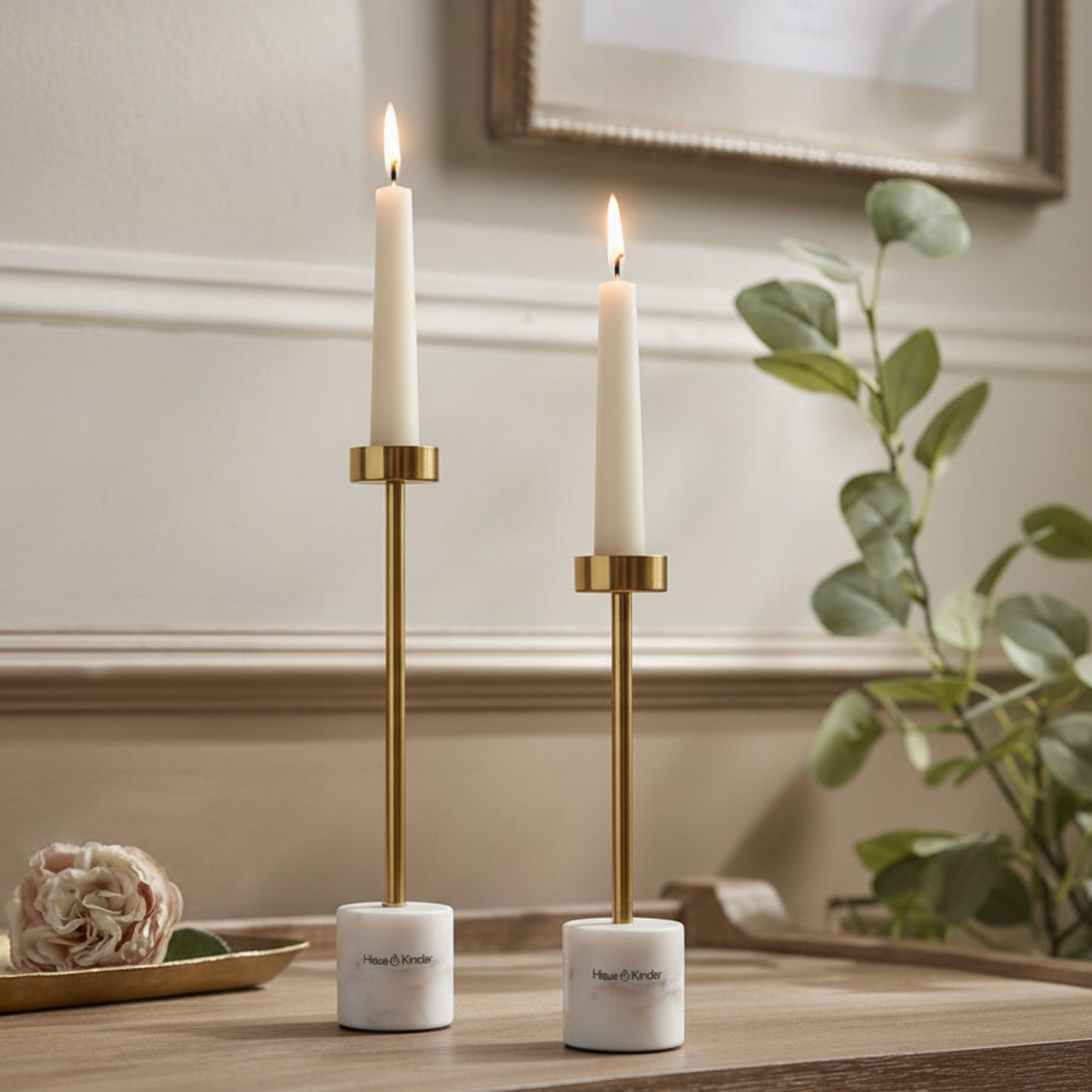 Marble Candle Holder Set of 2, Marble & Gold