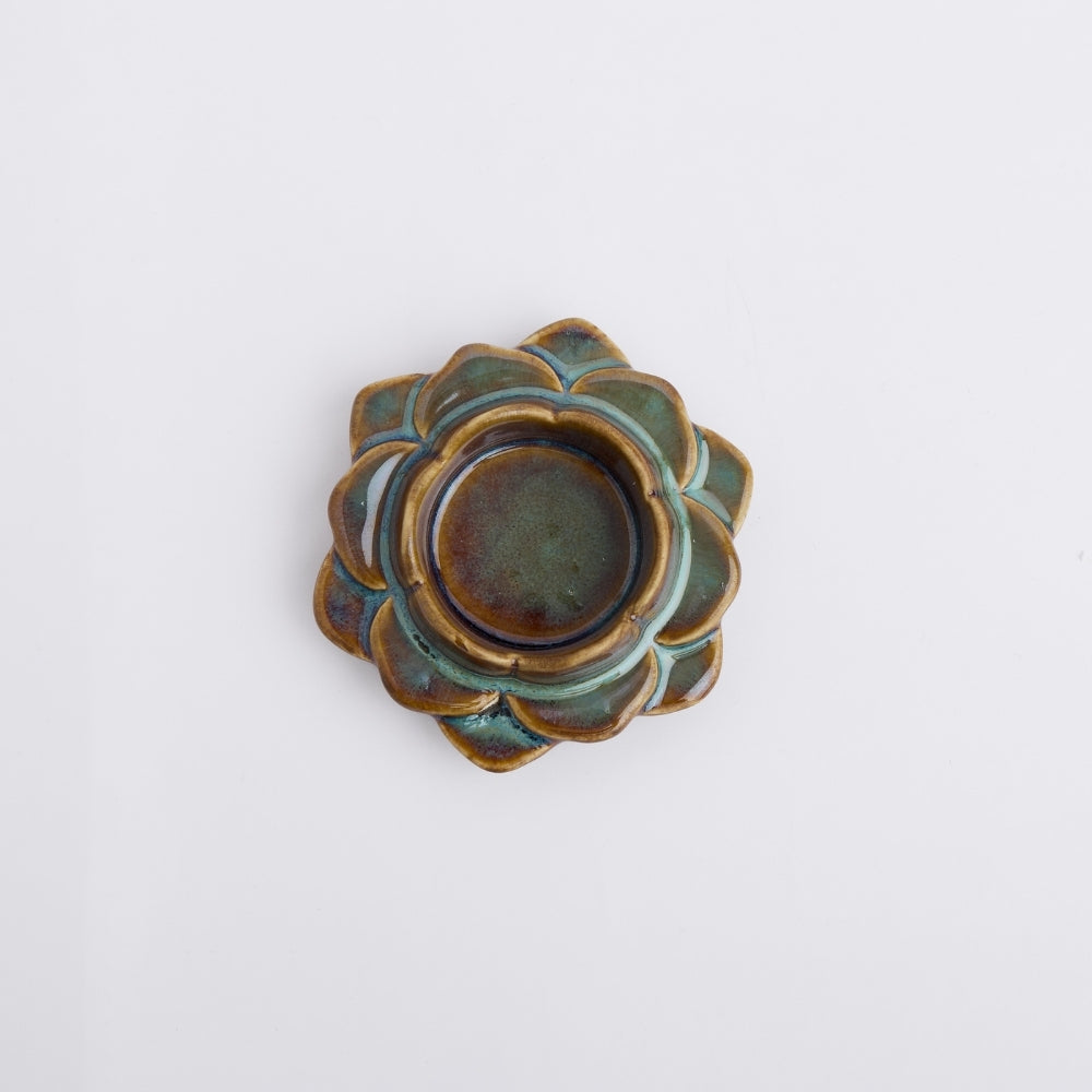 Ceramic Flower Diya, Set of 2- Blue/Brown