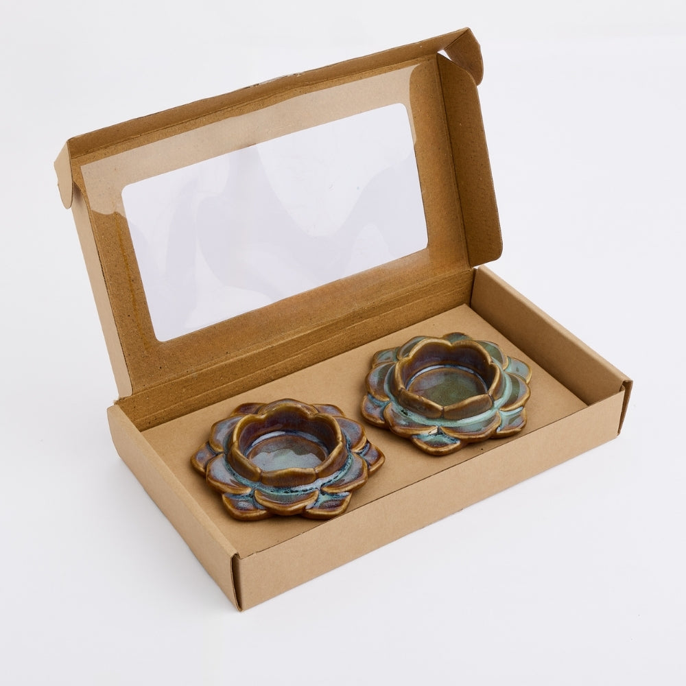 Ceramic Flower Diya, Set of 2- Blue/Brown