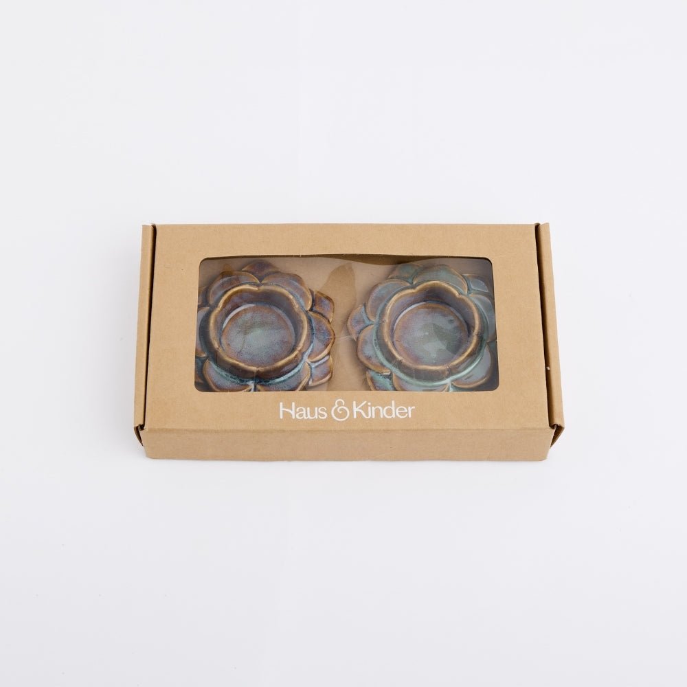 Ceramic Flower Diya, Set of 2- Blue/Brown - Diya | haus & kinder