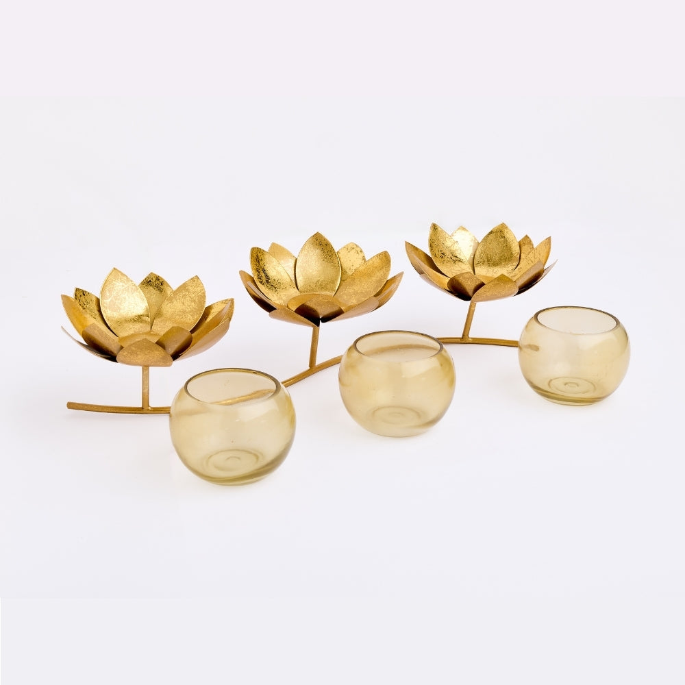 Metal Flower Glass 3 in 1 Tea Light Holder, Gold