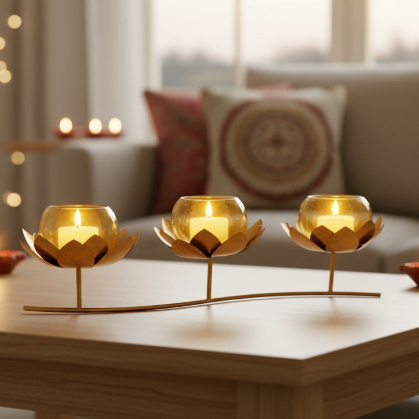 Metal Flower Glass 3 in 1 Tea Light Holder, Gold