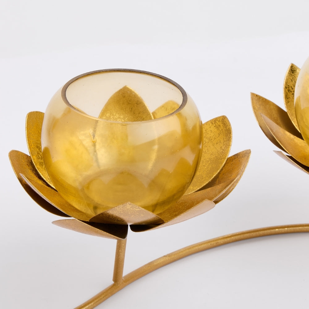 Metal Flower Glass 3 in 1 Tea Light Holder, Gold