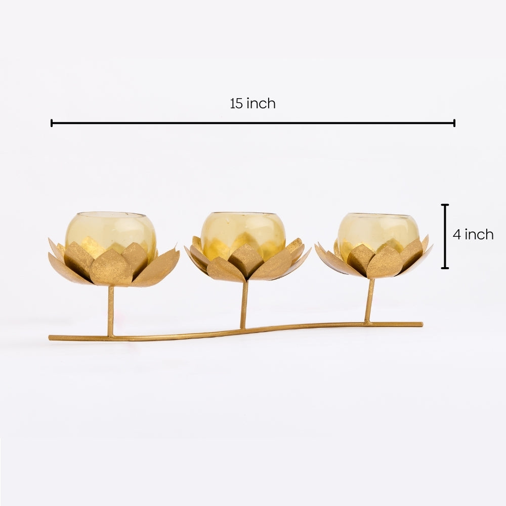 Metal Flower Glass 3 in 1 Tea Light Holder, Gold