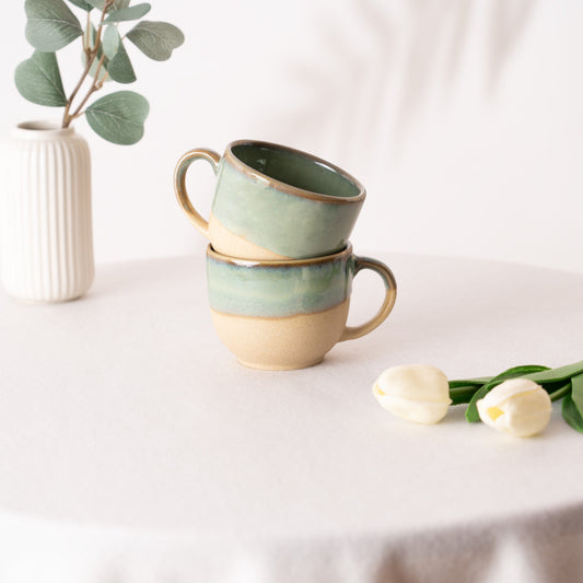 Earthleaf Ceramic Cup- Green & Beige Set of 2