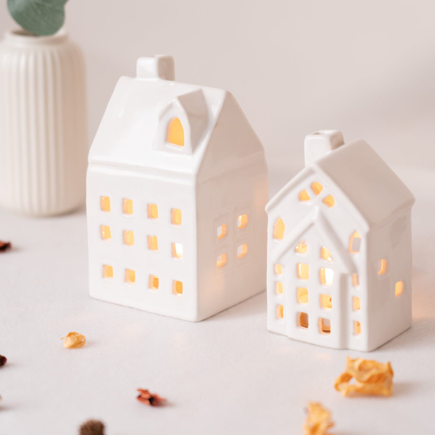 Luminous Cottage Tea light Holder- White set of 2