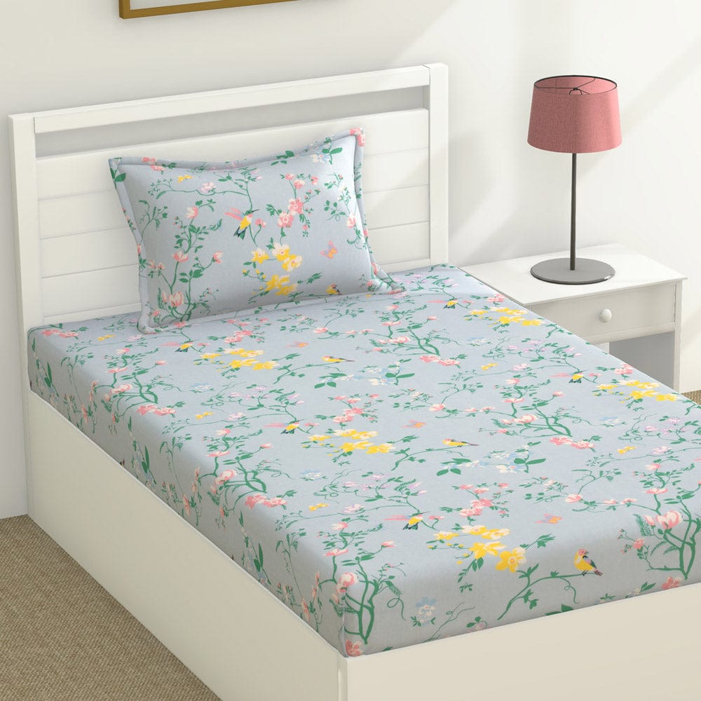 100% Cotton Single Size Bedsheet, Blue Flower