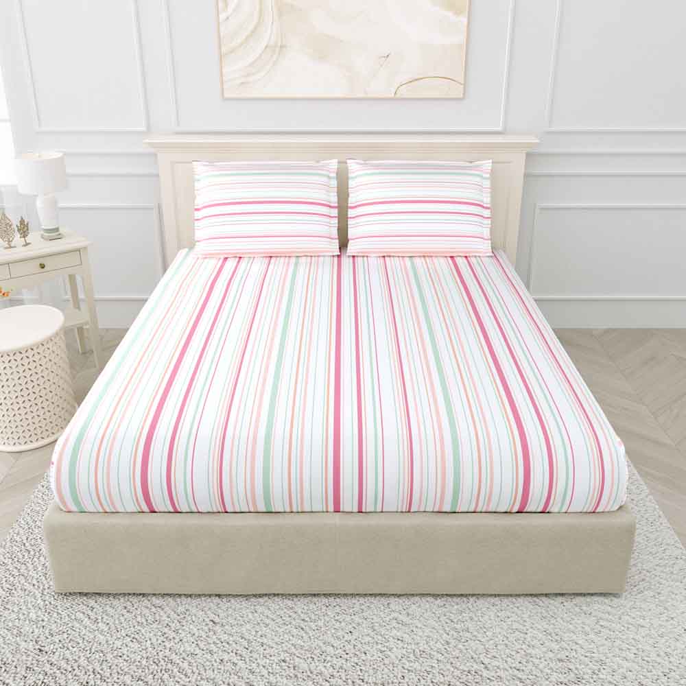 Stripes 100% Cotton King Size Bedsheet, 186 TC, Pink and Green - Bedsheets | haus & kinder