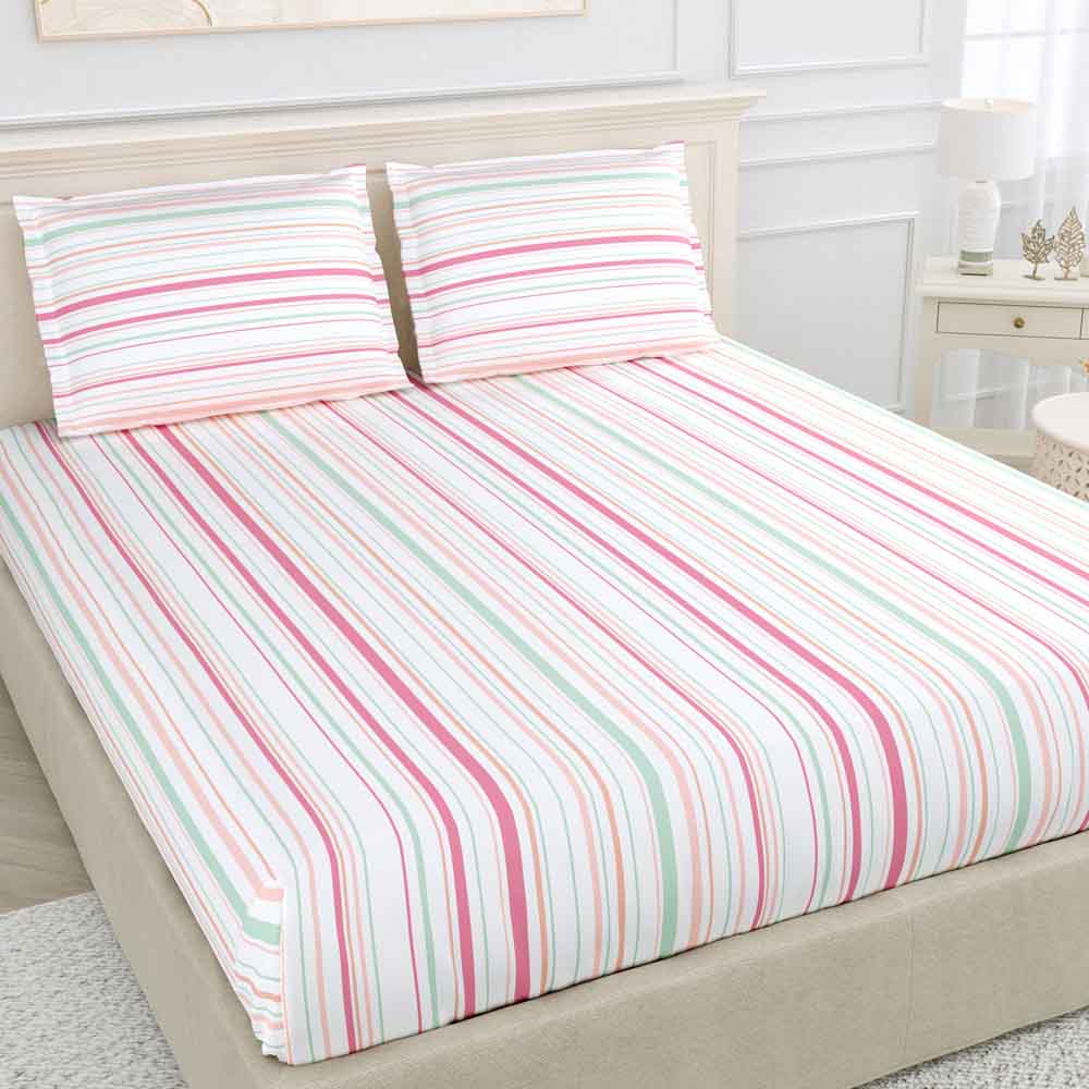 Stripes 100% Cotton King Size Bedsheet, 186 TC, Pink and Green - Bedsheets | haus & kinder