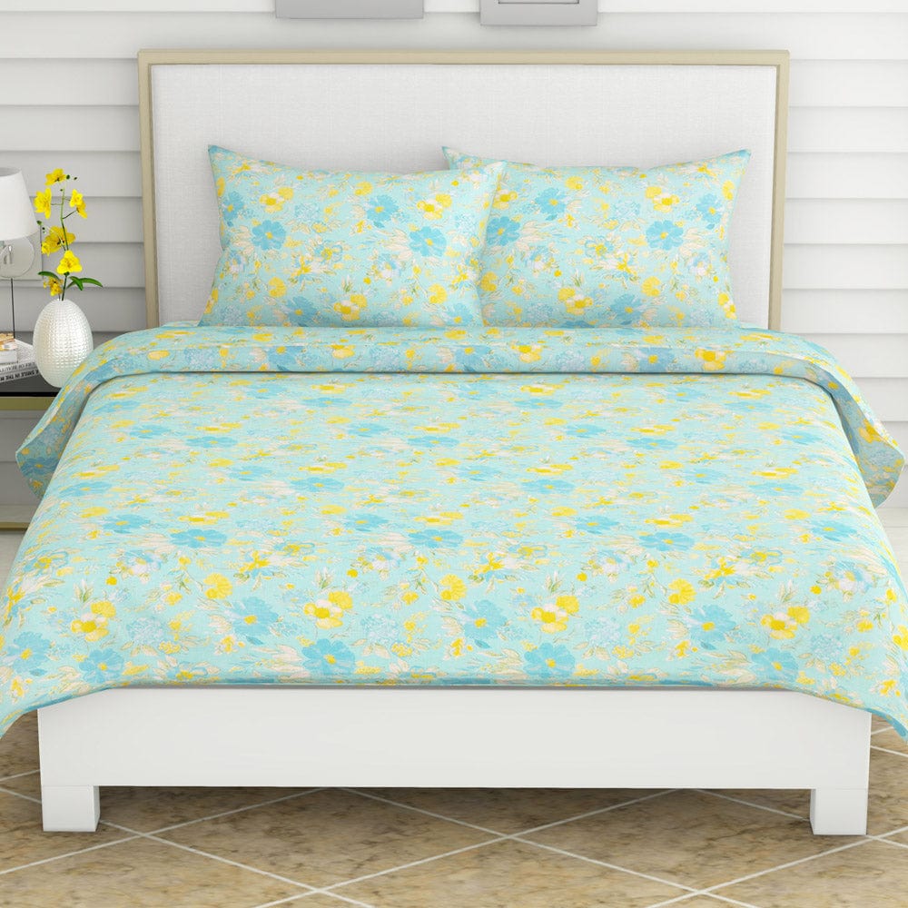 Blue Bell Blooms, 100% Cotton King Bedsheet, 120 TC