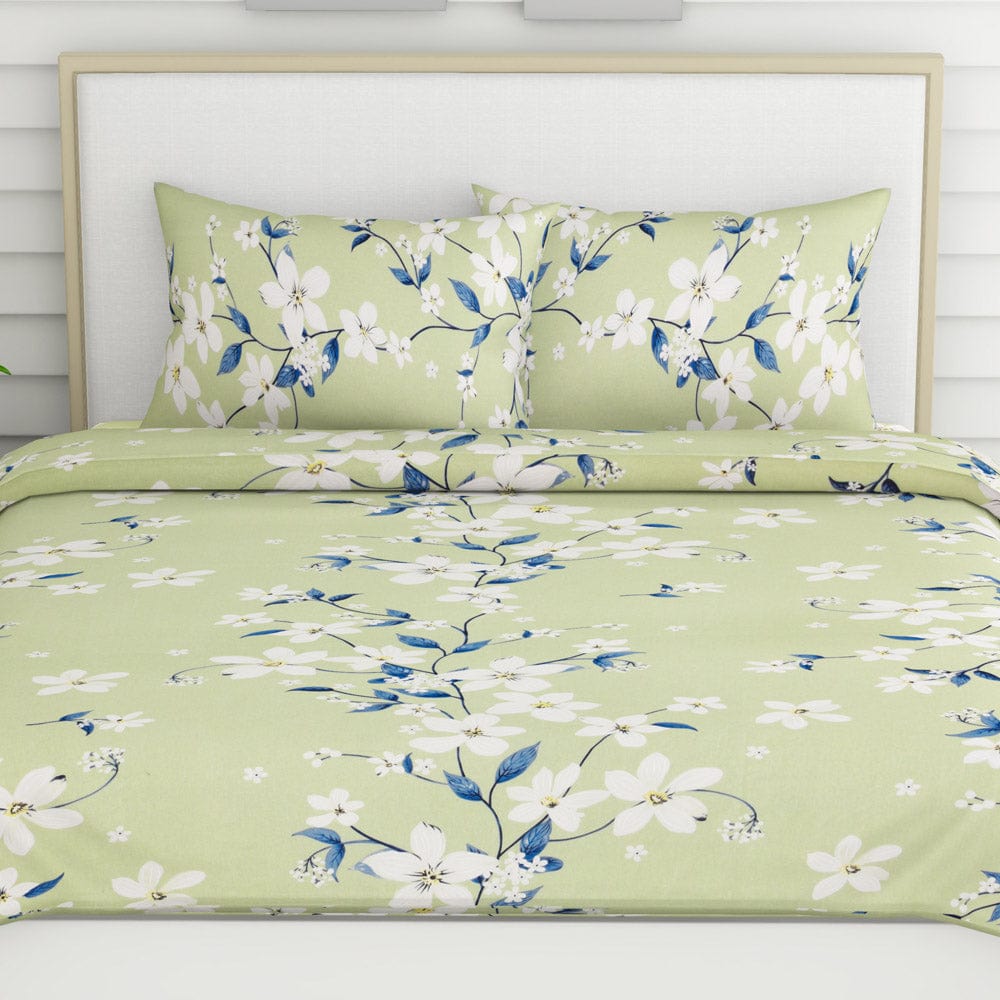 Ivory Bloom 100% Cotton Double Size Bedsheet, 144 TC, Green
