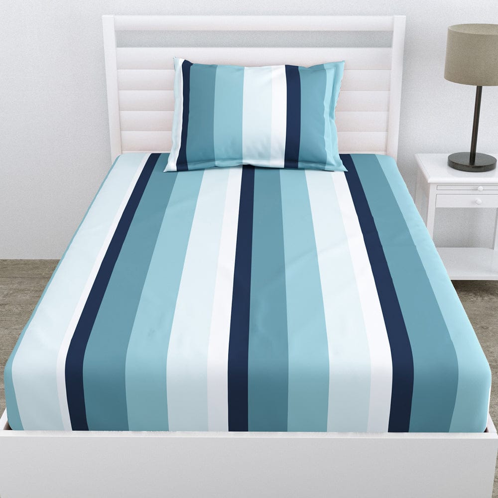 Coastal Stripes Navy 100% Cotton Double Fitted Bedsheet, 186 TC