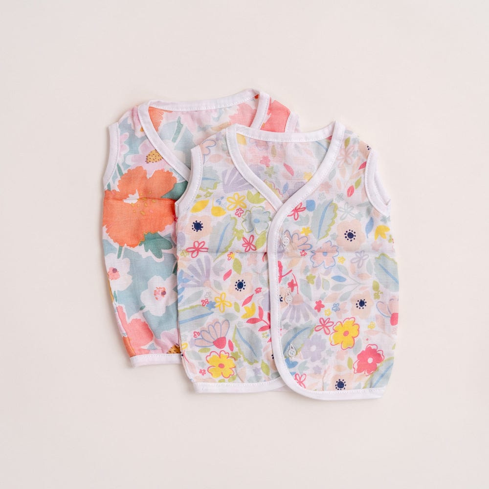 100% Cotton Muslin Vest Pack of 2 for Girls - Bold Floral & Ditsy Floral