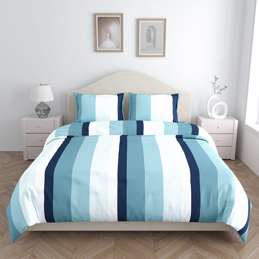 Coastal Stripes Navy 100% Cotton Double Fitted Bedsheet, 186 TC