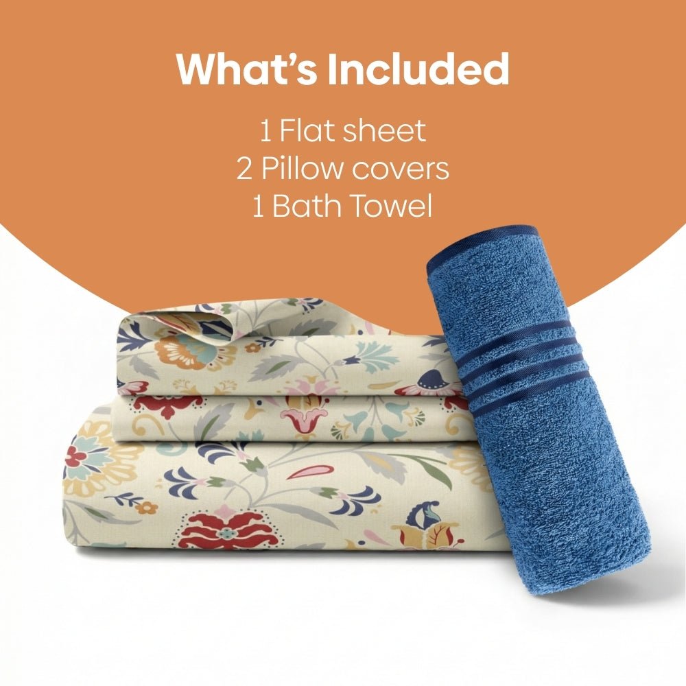 Moments Double Bed Sheet and Bath Towel Gift Set Of 4, Blue - bedsheet set | haus & kinder