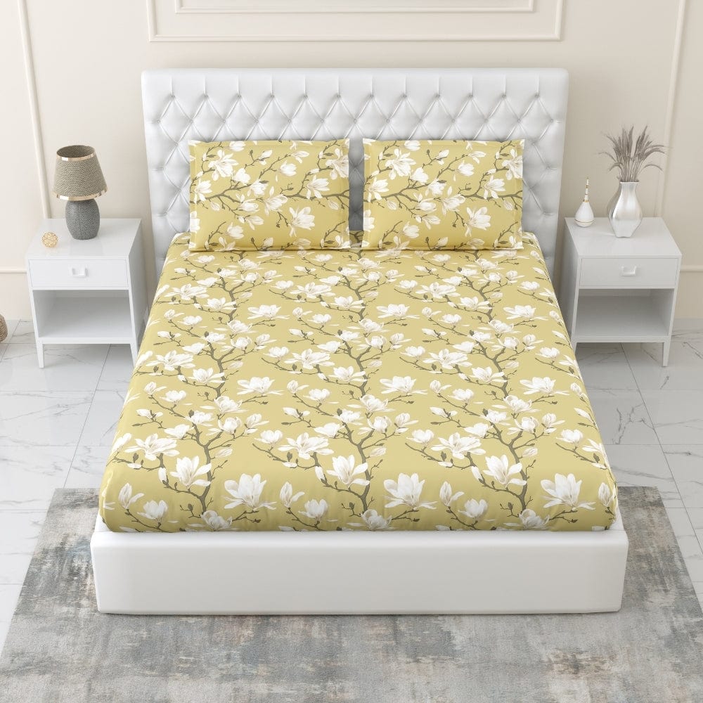 Golden Bloom Trellis 100% Cotton Double Fitted Bedsheet, 144 TC