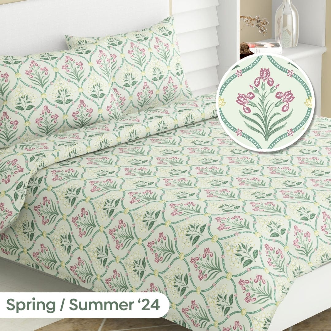 Green Blossom, 100% Cotton Double Size Bedsheet, 186 TC