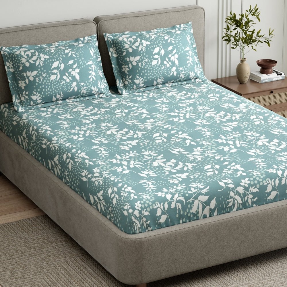 Green foliage 100% Cotton King Fitted Bedsheet, 144 TC - King Size | haus & kinder