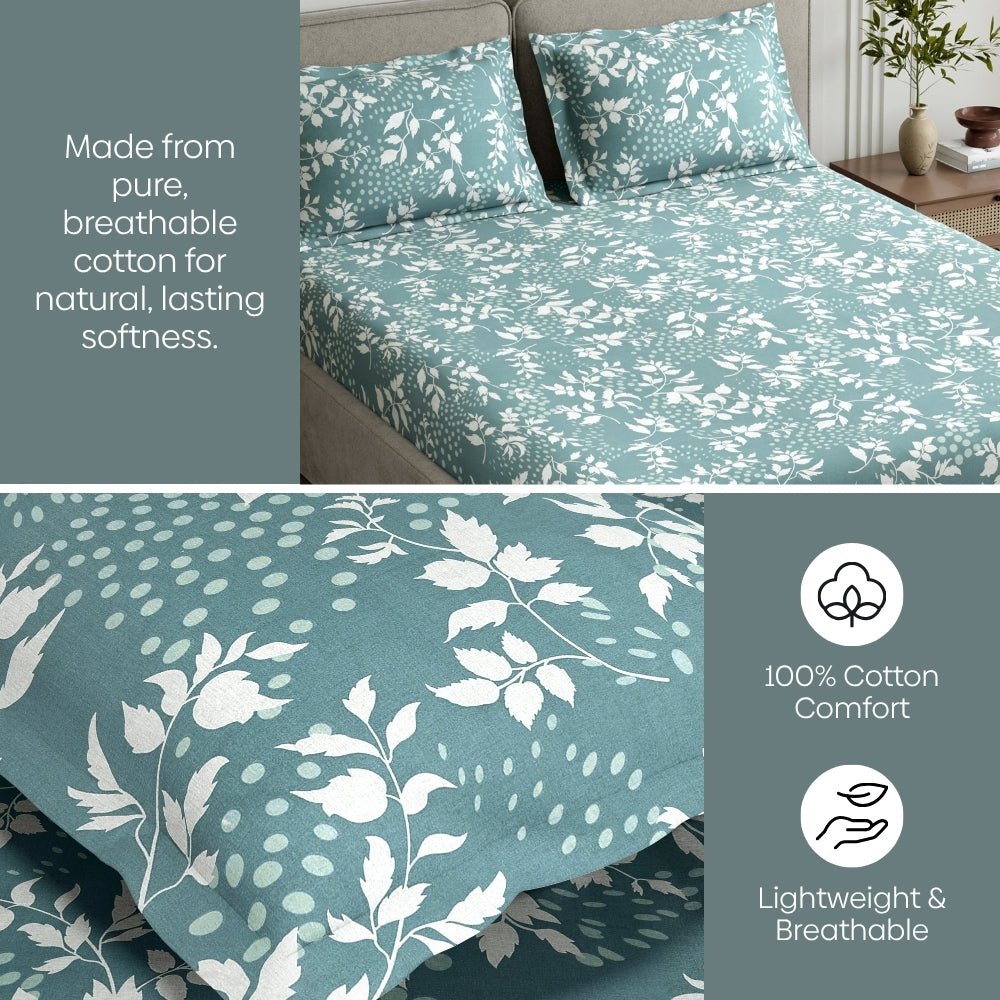 Green foliage 100% Cotton King Fitted Bedsheet, 144 TC - King Size | haus & kinder