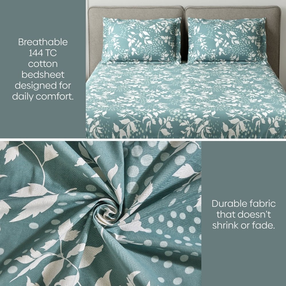 Green foliage 100% Cotton King Fitted Bedsheet, 144 TC - King Size | haus & kinder