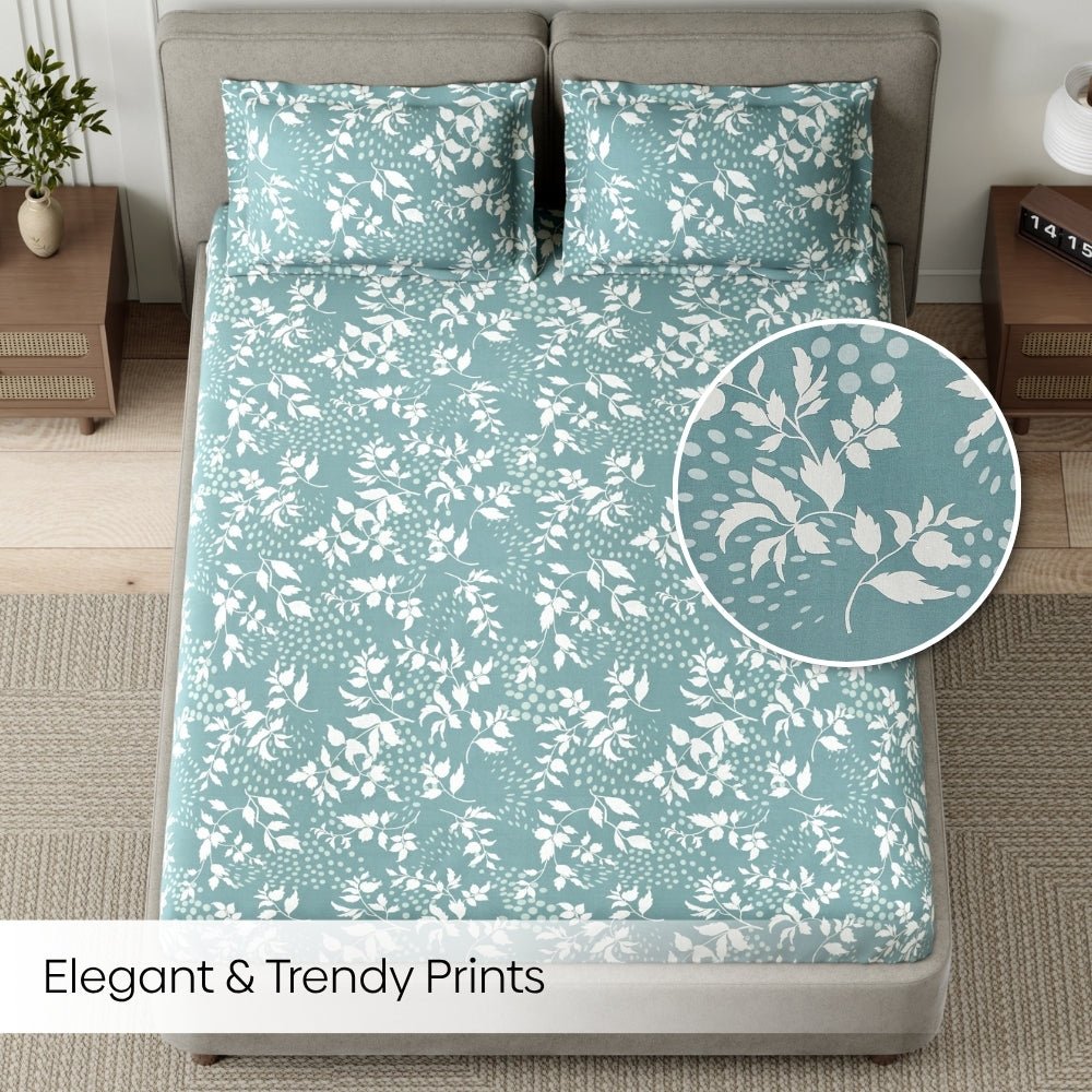 Green foliage 100% Cotton King Fitted Bedsheet, 144 TC - King Size | haus & kinder