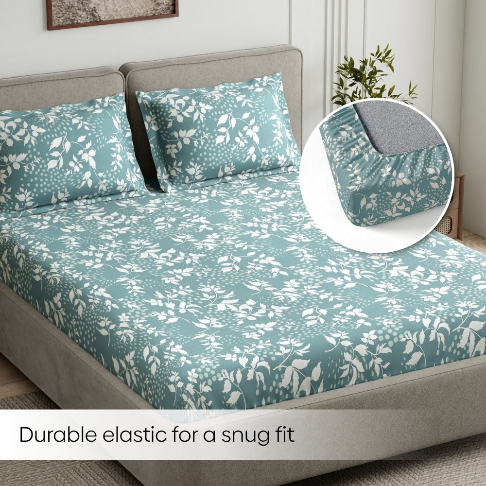 Green foliage 100% Cotton King Fitted Bedsheet, 144 TC - King Size | haus & kinder