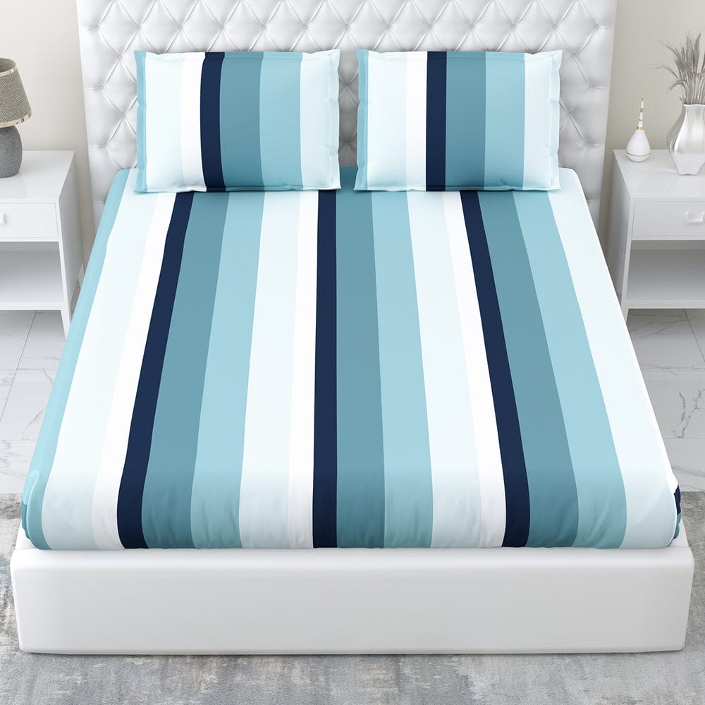 Coastal Stripes Navy 100% Cotton Double Fitted Bedsheet, 186 TC