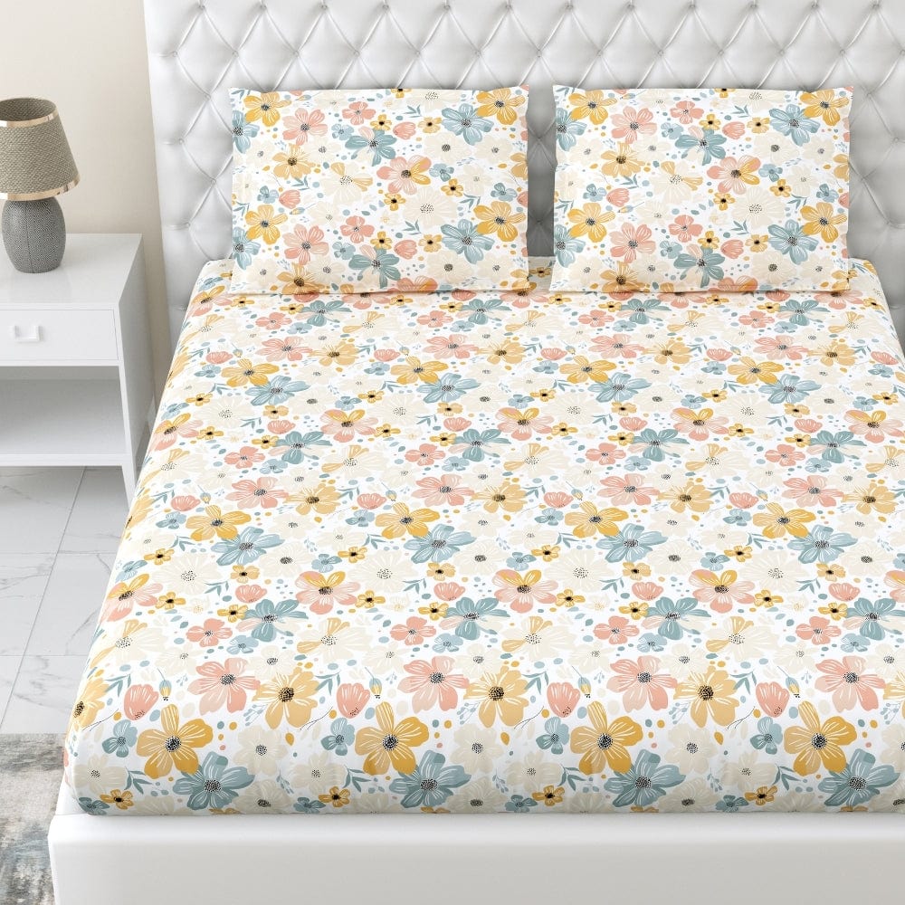 Hawaiian Petals 100% Cotton Double Fitted Bedsheet, 144 TC