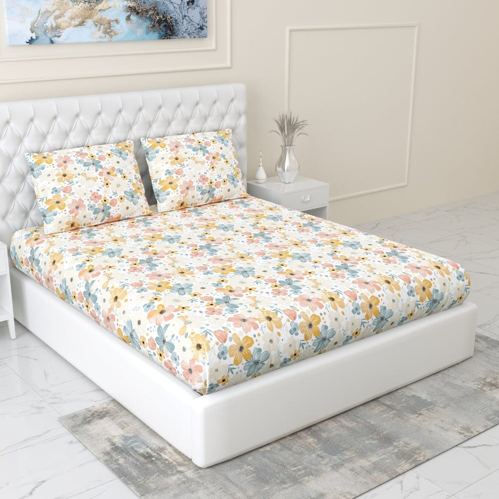 Hawaiian Petals 100% Cotton Double Fitted Bedsheet, 144 TC
