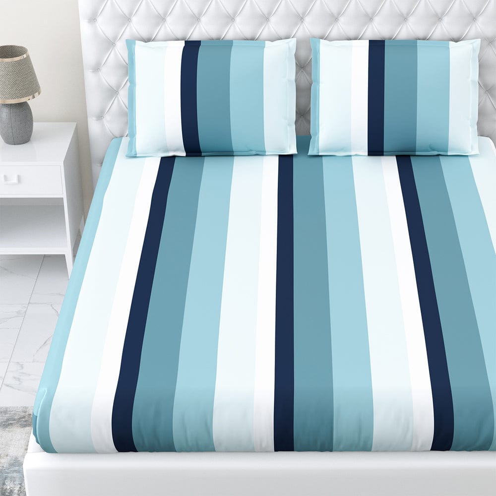 Coastal Stripes Navy 100% Cotton Double Fitted Bedsheet, 186 TC