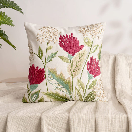 Embroidered Decorative Cushion Cover, Red Flower