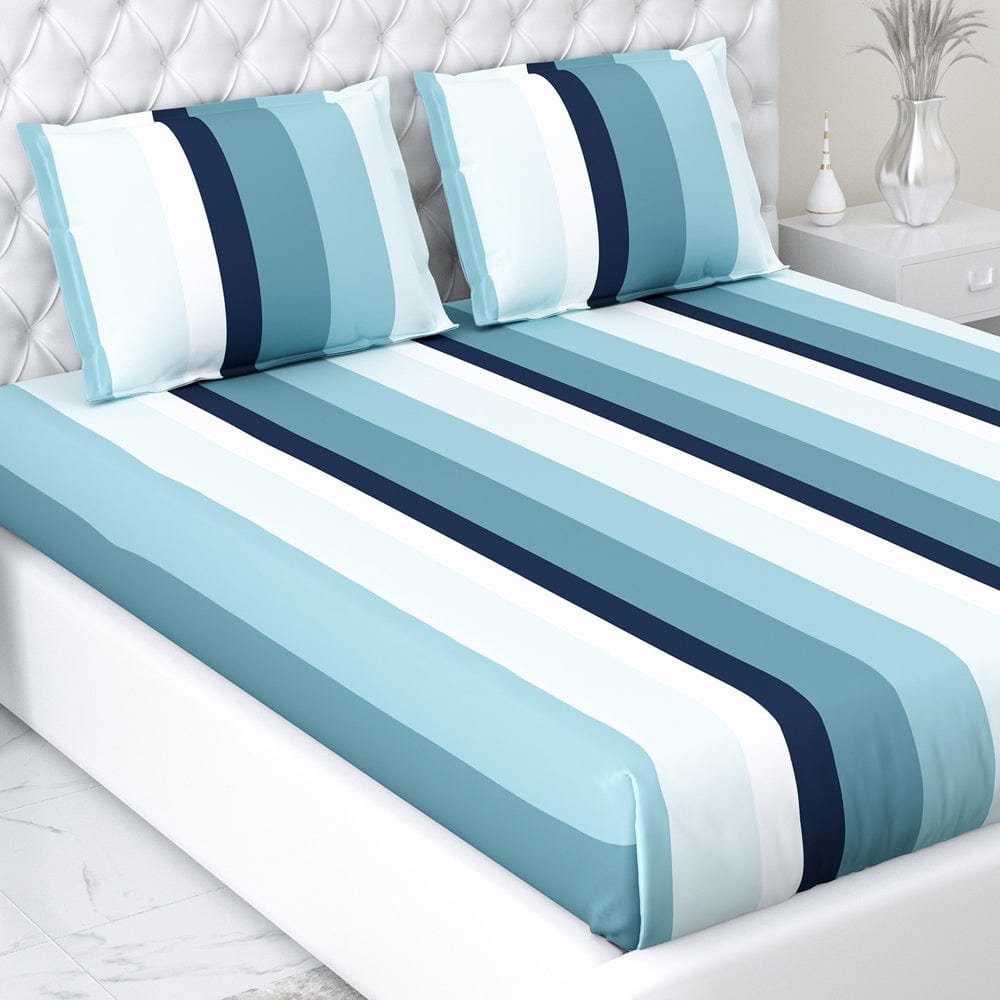 Coastal Stripes Navy 100% Cotton Double Fitted Bedsheet, 186 TC