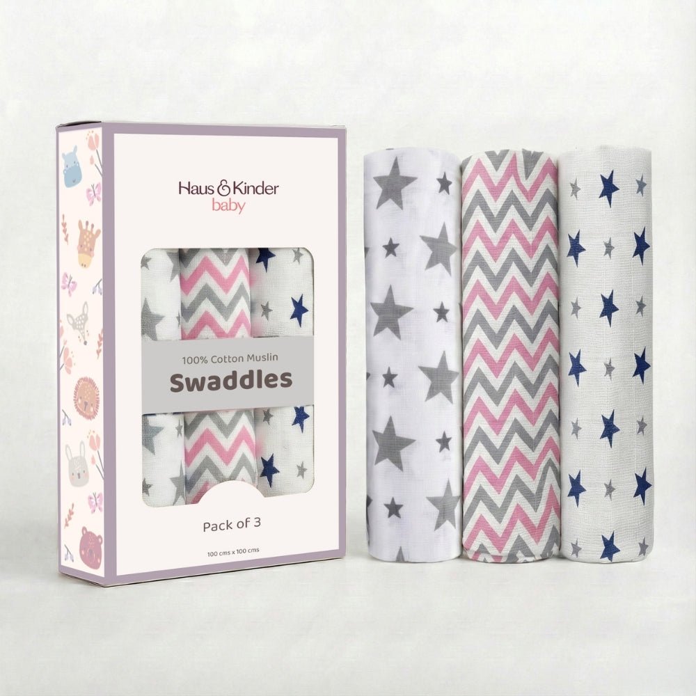 Tiny Twinkles 100% Cotton Muslin Swaddles 0 to 3 Months, Pack of 3 - Swaddles | haus & kinder