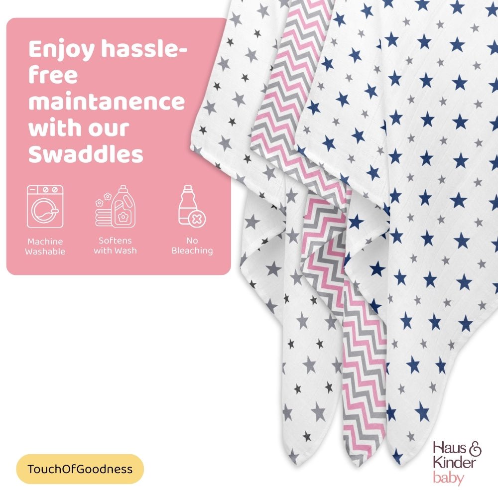 Tiny Twinkles 100% Cotton Muslin Swaddles 0 to 3 Months, Pack of 3 - Swaddles | haus & kinder