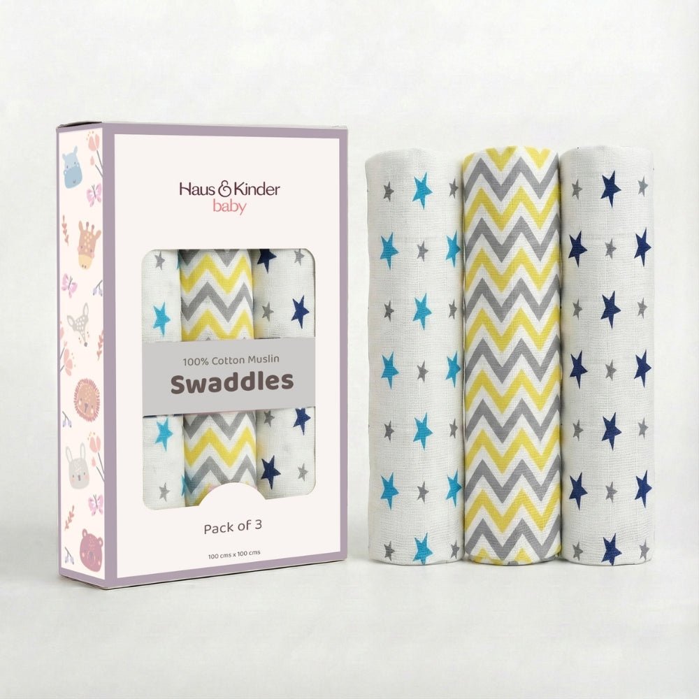 Sunny Skies 100% Cotton Muslin Swaddles 0 to 3 Months, Pack of 3 - Swaddles | haus & kinder