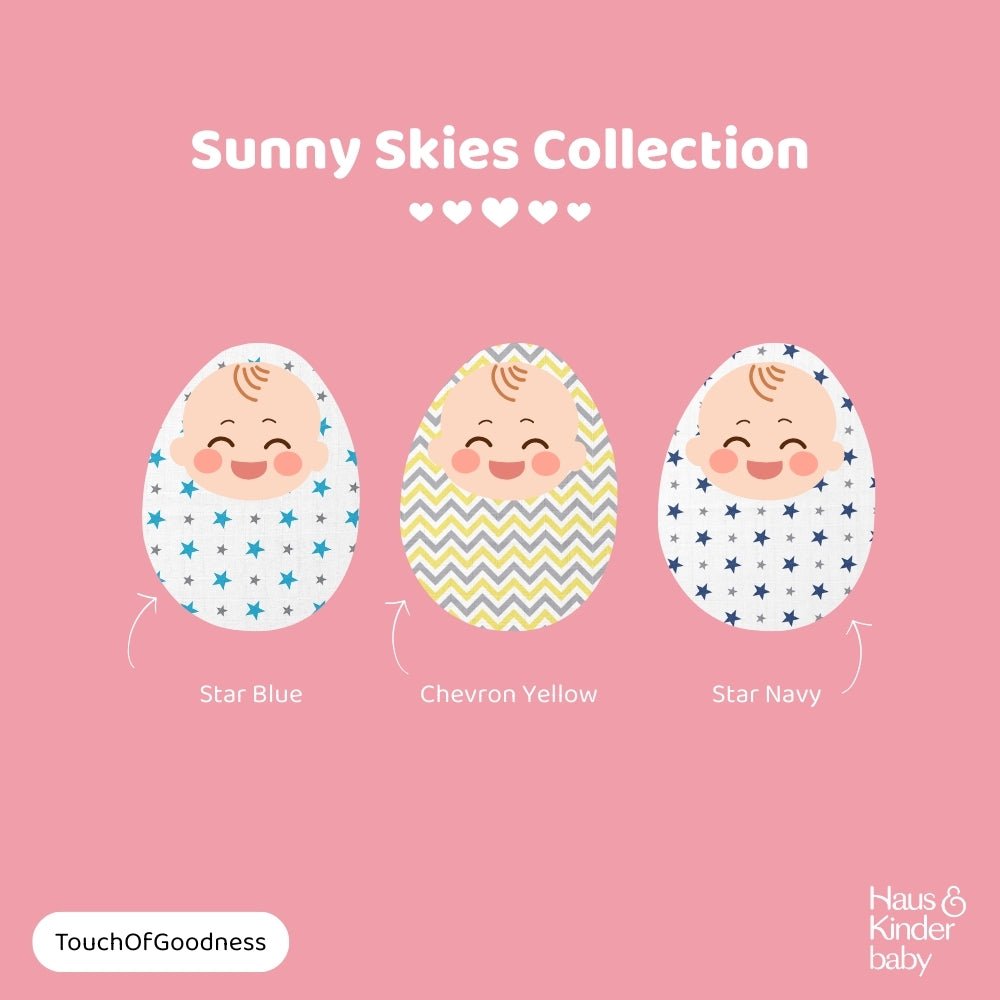Sunny Skies 100% Cotton Muslin Swaddles 0 to 3 Months, Pack of 3 - Swaddles | haus & kinder