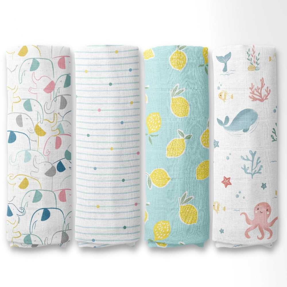 Aloha Collection 100% Cotton Muslin Swaddle Pack Of 4 (Elephant, Dot, Fruit, Ocean)