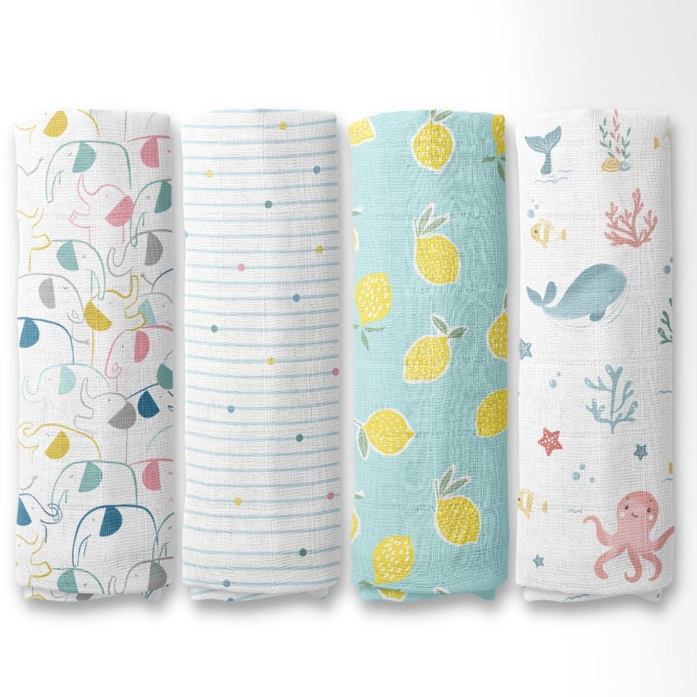 Aloha Collection 100% Cotton Muslin Swaddle Pack Of 4 (Elephant, Dot, Fruit, Ocean) - Swaddles | haus & kinder