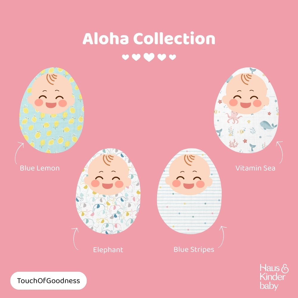 Aloha Collection 100% Cotton Muslin Swaddle Pack Of 4 (Elephant, Dot, Fruit, Ocean)