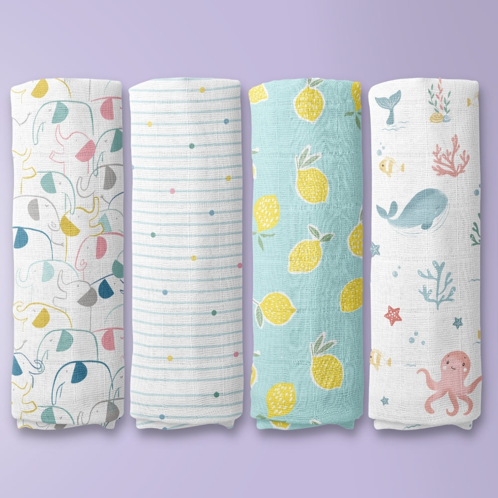 Aloha Collection 100% Cotton Muslin Swaddle Pack Of 4 (Elephant, Dot, Fruit, Ocean)
