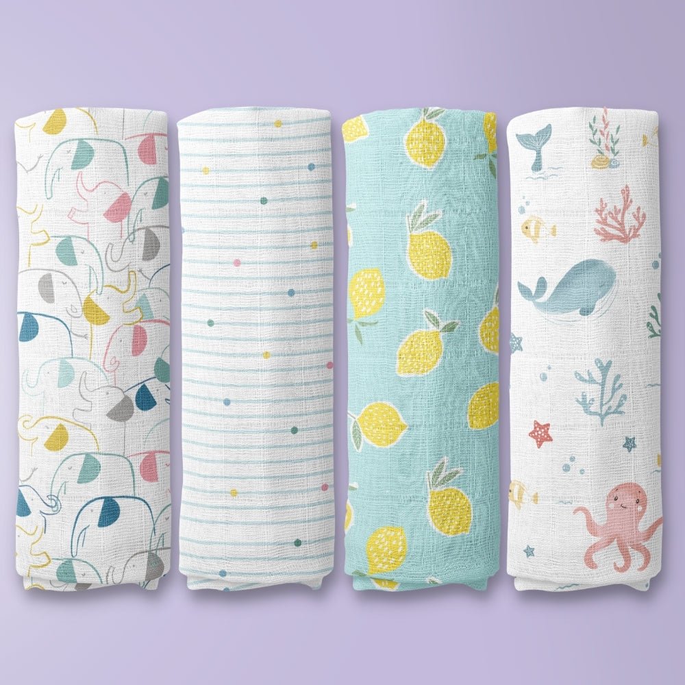 Aloha Collection 100% Cotton Muslin Swaddle Pack Of 4 (Elephant, Dot, Fruit, Ocean) - Swaddles | haus & kinder