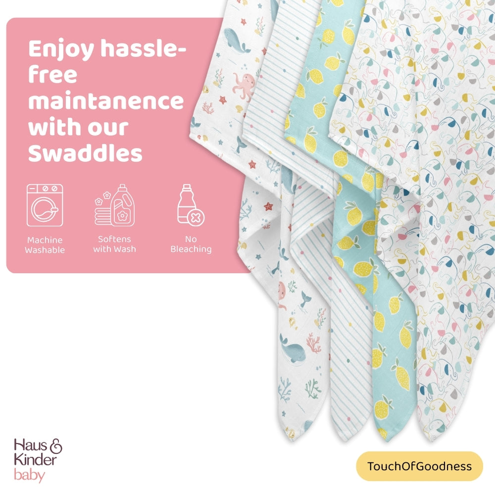 Aloha Collection 100% Cotton Muslin Swaddle Pack Of 4 (Elephant, Dot, Fruit, Ocean)