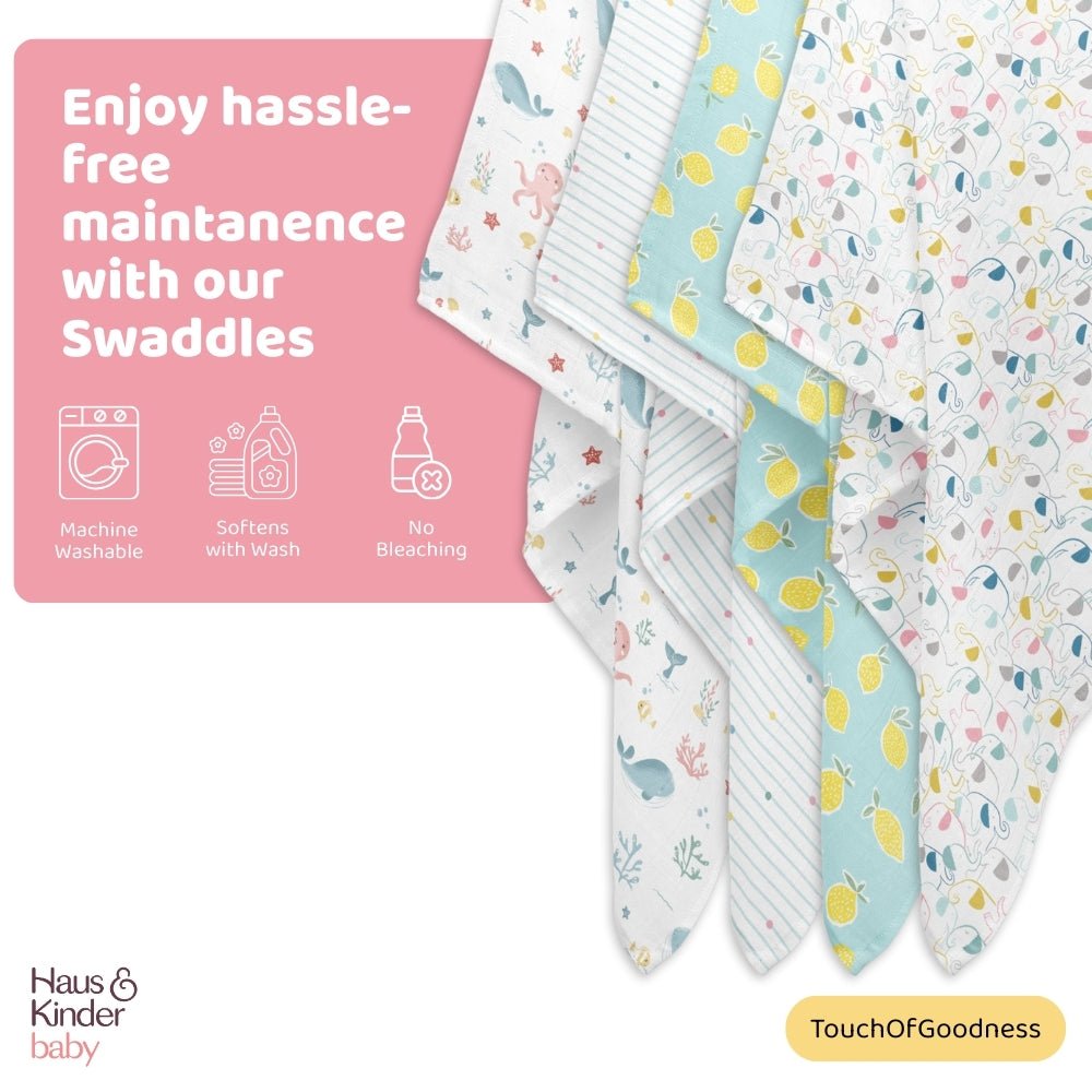 Aloha Collection 100% Cotton Muslin Swaddle Pack Of 4 (Elephant, Dot, Fruit, Ocean) - Swaddles | haus & kinder