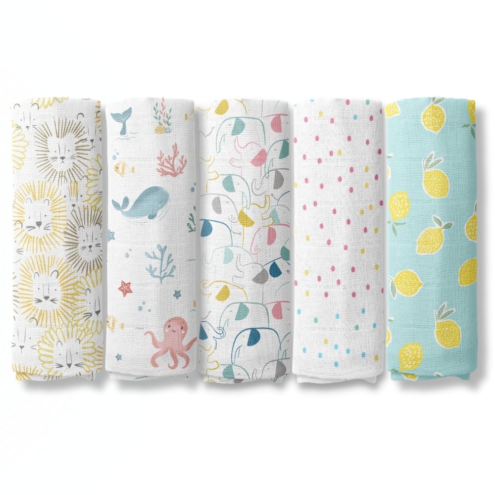 Dream Safari 100% Cotton Muslin Swaddle Pack Of 5 | 0 to 3 Months - Swaddles | haus & kinder