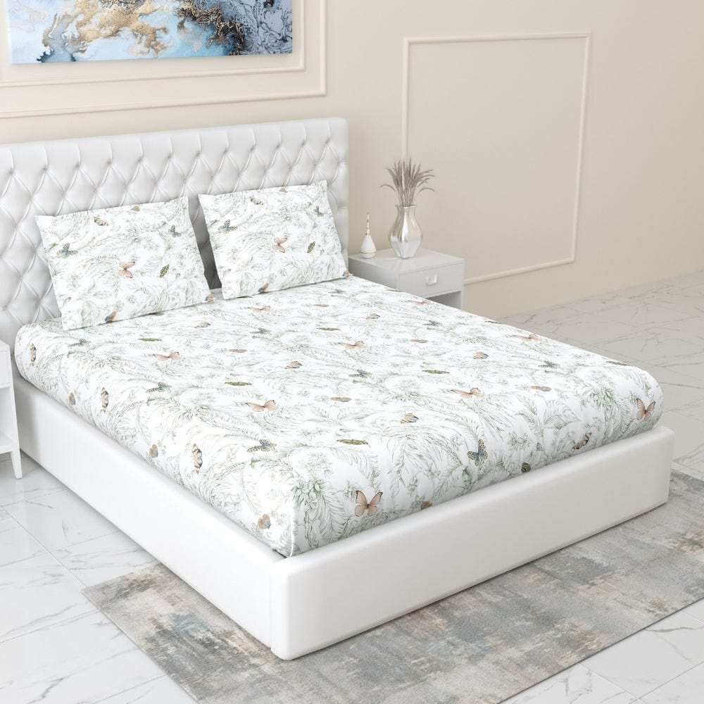 Nordic Palm 100% Cotton Double Fitted Bedsheet, 144 TC